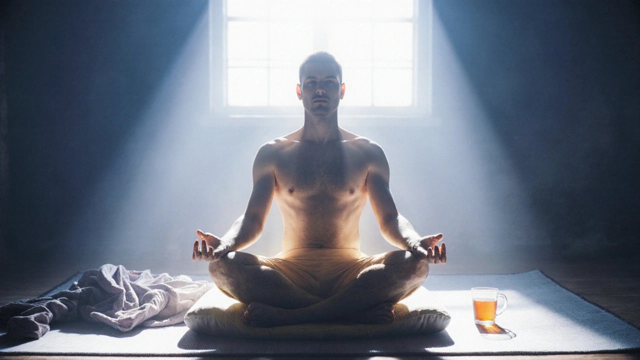 Muž sedí v meditaci po tantrické masáži, obklopený jemným zářením.
