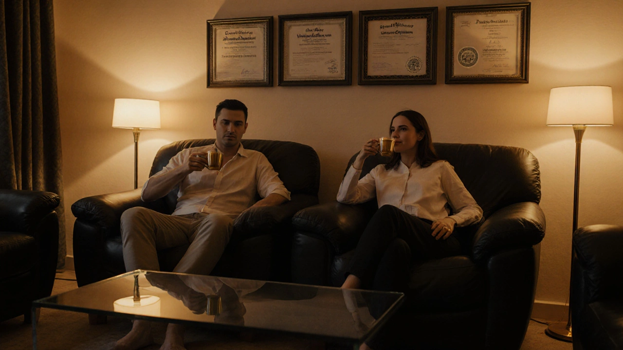 Pár v relaxačním salonu po Nuru masáži, s certifikáty na zdi.