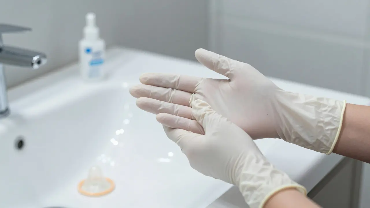 Latexová rukavice a vodné mazadlo na čisté ploše, vedle nich jednorázový kondom — symbol bezpečné hygieny.