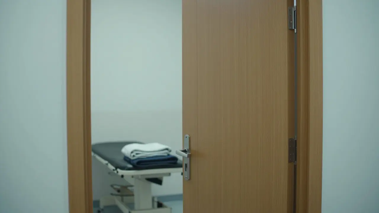 Otevřená dveře do čisté, prázdné místnosti s pečlivě složeným plátnem.