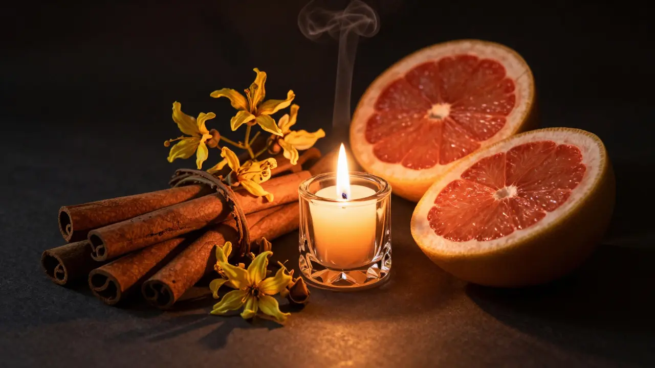 Aromatické složky jako skořice a ylang-ylang v teplém světle.