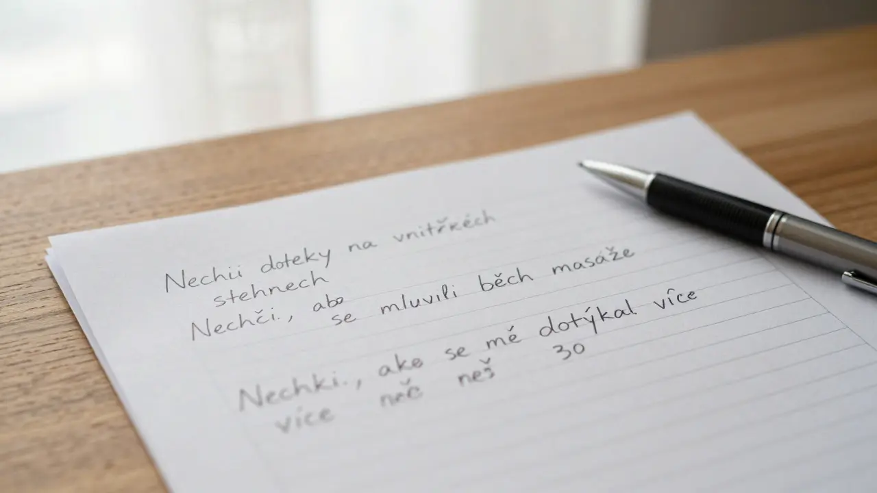Ručně vyplněný formulář s hranicemi: 'Nechci doteky na stehnech', 'Nechci mluvit během masáže'.