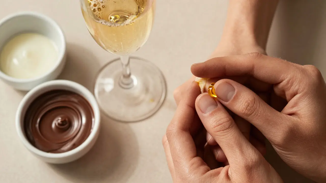 Champagne, chocolate oil, and intertwined hands close-up