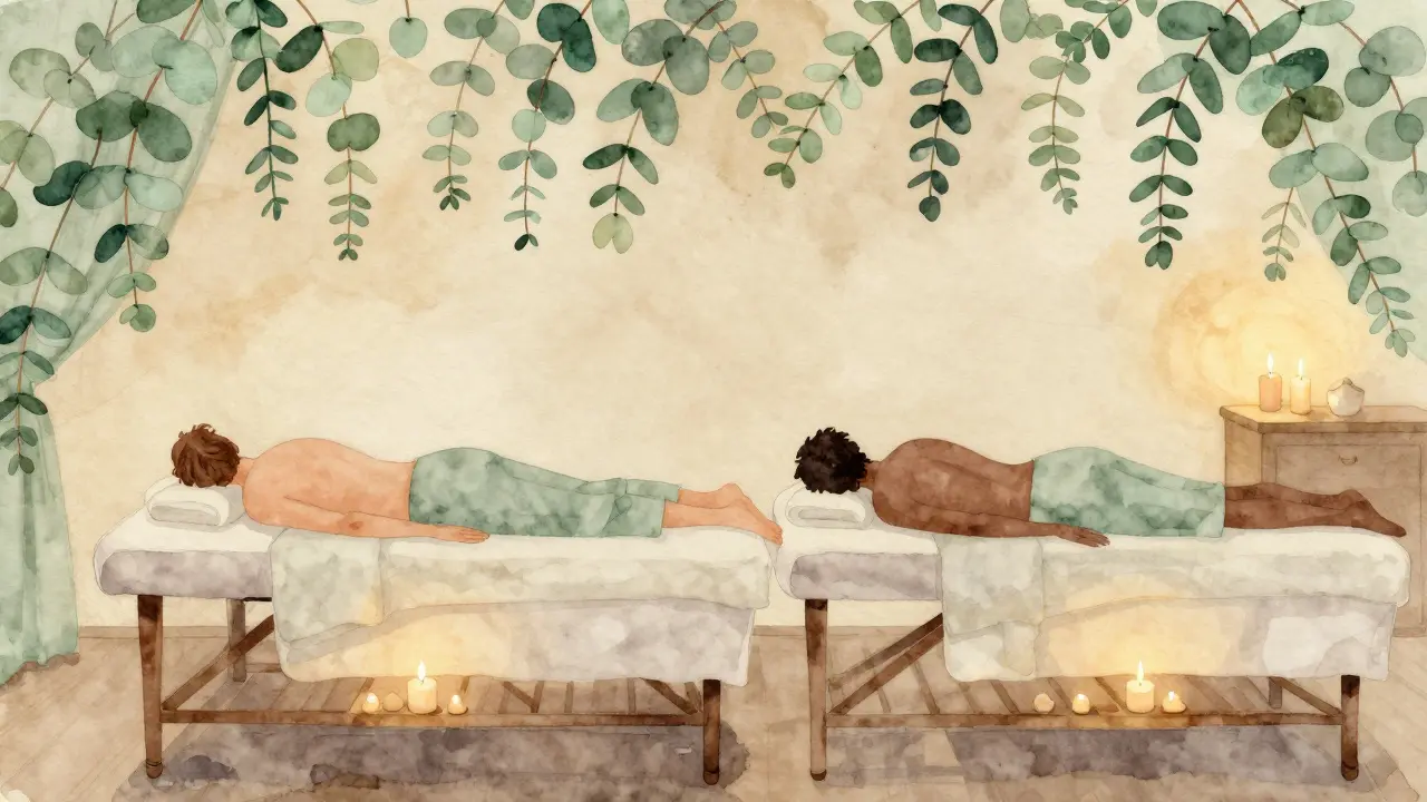 Serene spa scene with couple relaxing in candlelit room