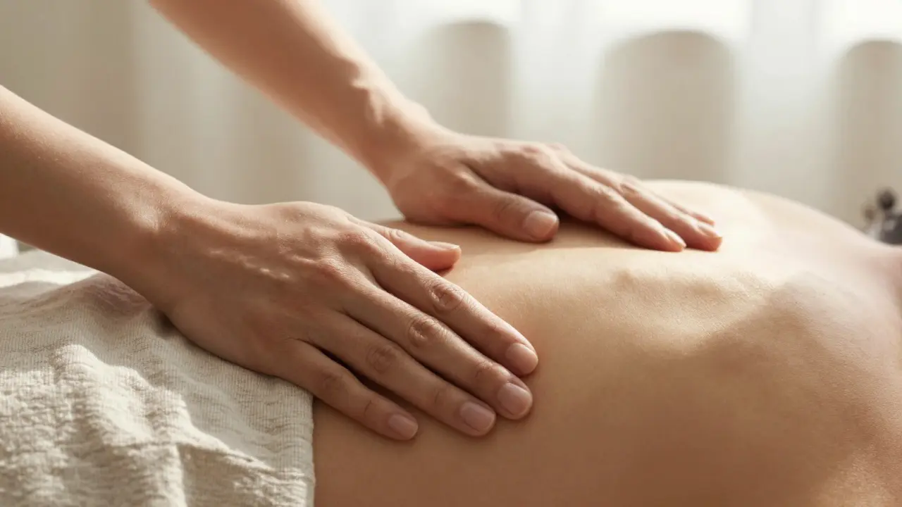 Detail vědomého doteku na zádech při relaxační terapii