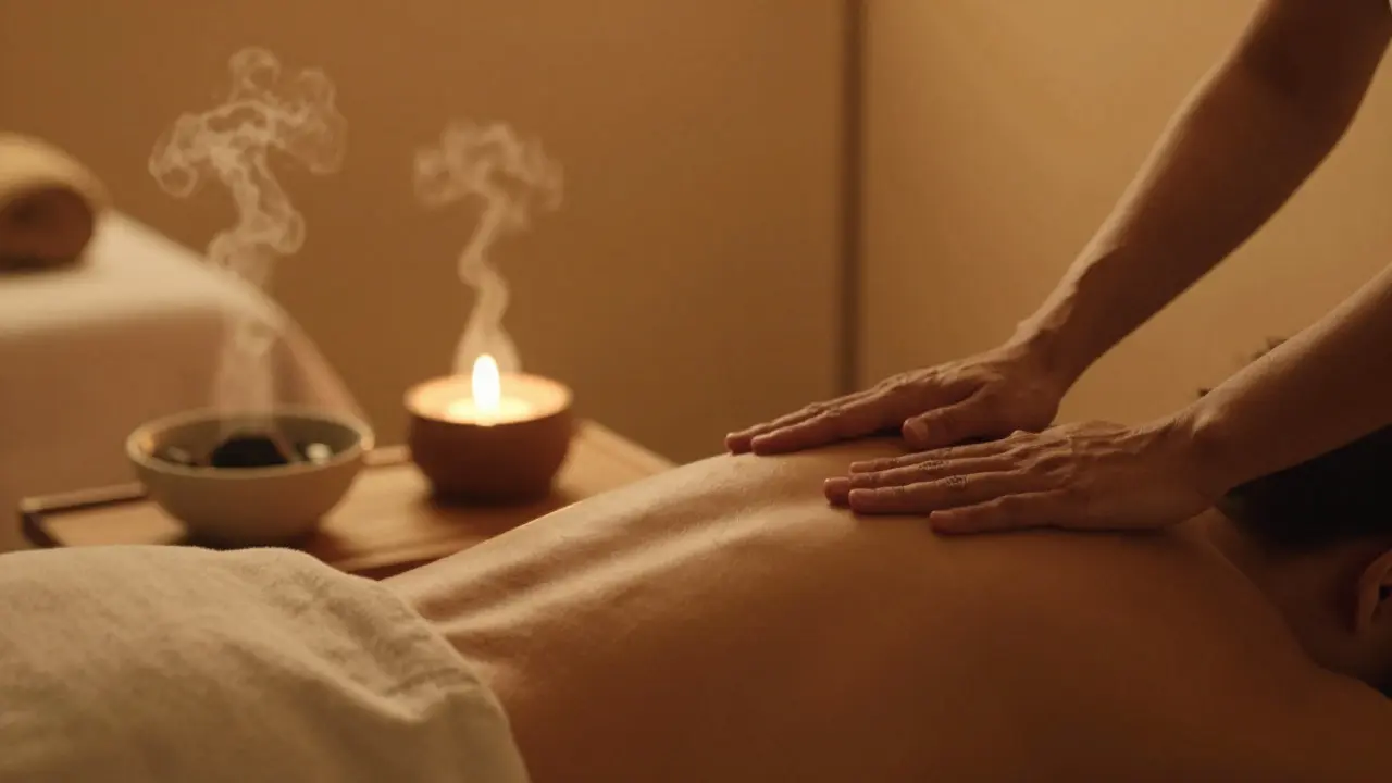 Teplá, klidná atmosféra terapeutické místnosti s oleji a jemným dotekem