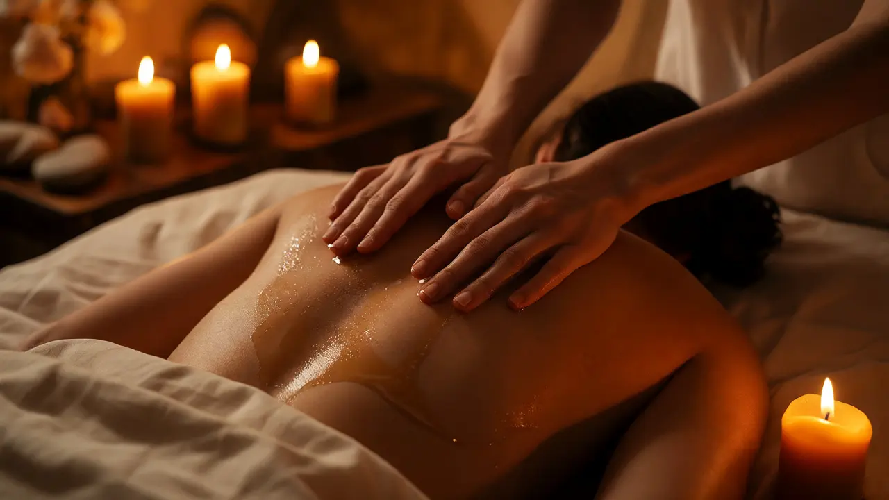 Terapeutické nanášení teplého oleje při tantrické masáži ve svíčkách