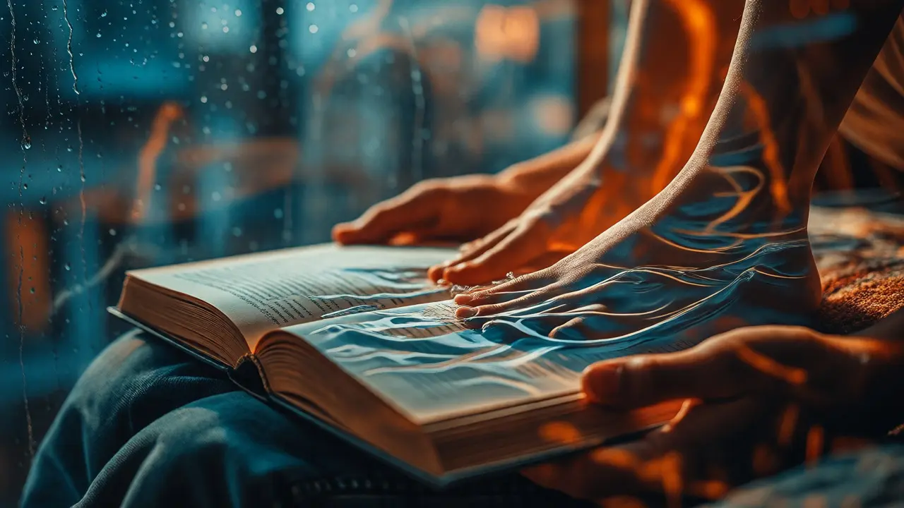 Konceptuální ilustrace knihy, jejíž stránky se mění v tekutinu dotýkající se nohou, symbolizující uvolnění.