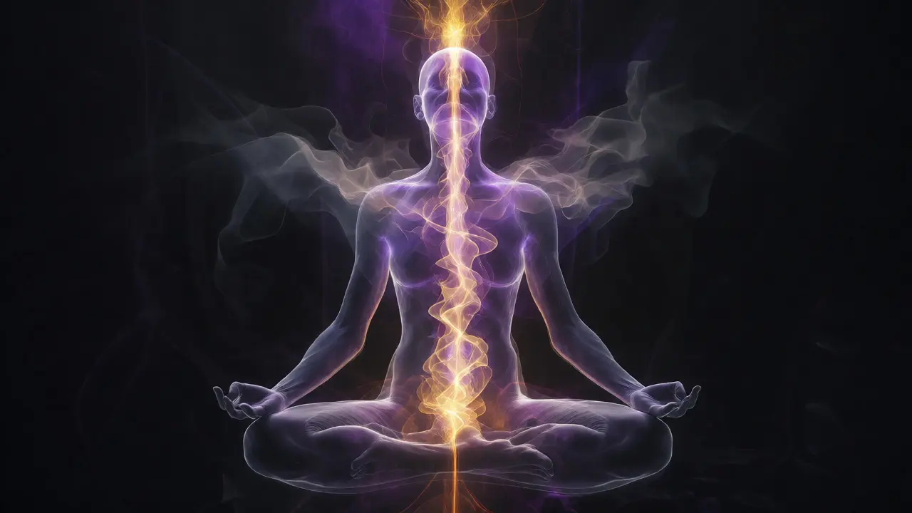 Vizualizace stoupající energie kundalini podél páteře v meditaci